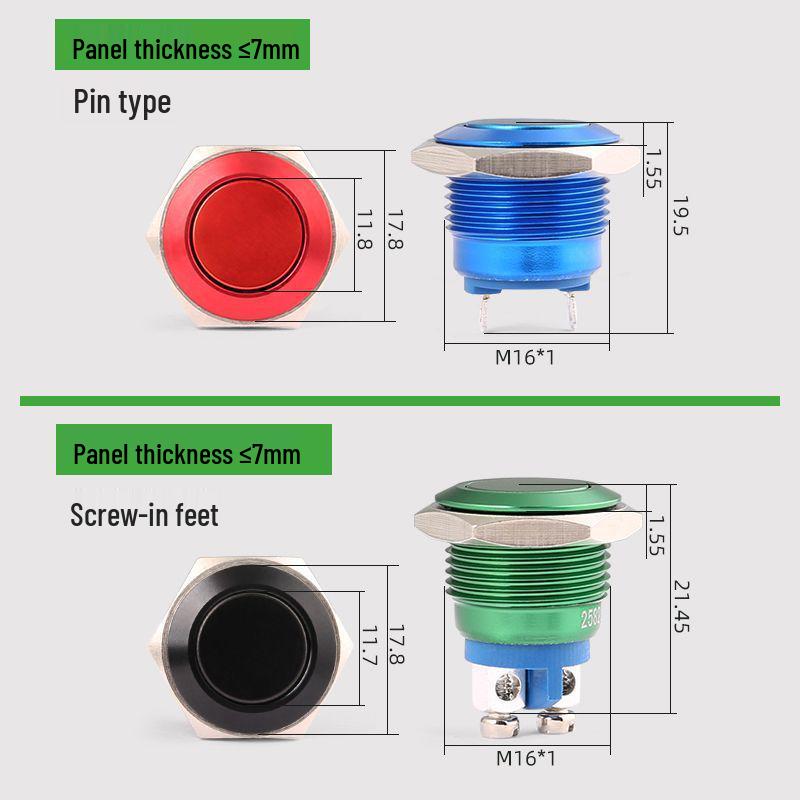 16mm Multicolor Waterproof Metal Reset Button, Momentary Solder-Foot, 24V/220V