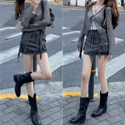 Мягкая кожа V-образные короткие ботинки детские осенне-зимние черные средней высоты мартинсы западные ковбойские ретро толстый каблук толстая подошва тонкие ботинки