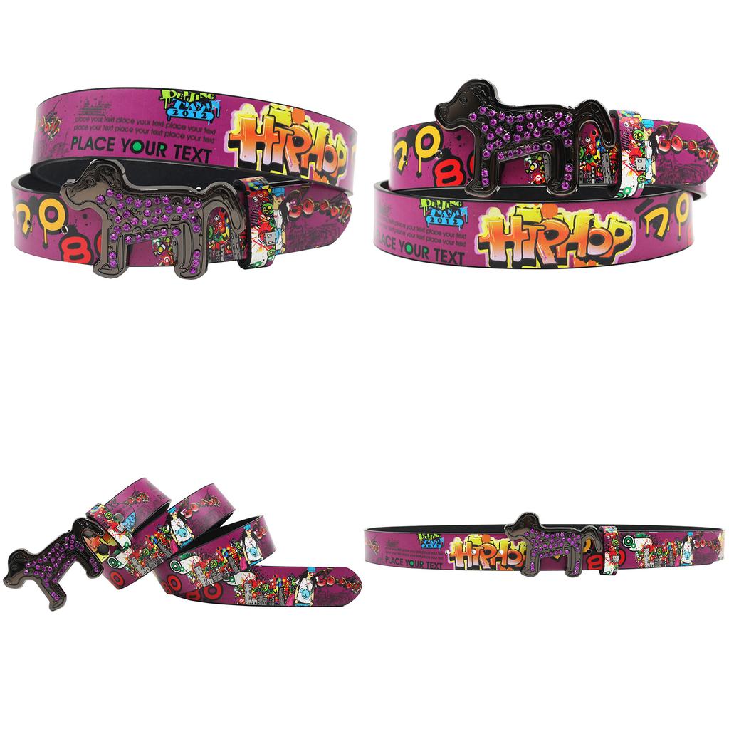 Собака Стразы Пряжка Гладкая Пряжка Принтованный Граффити Повседневный Персонализированный Ремень Ремень Универсальный В Европе и Америке