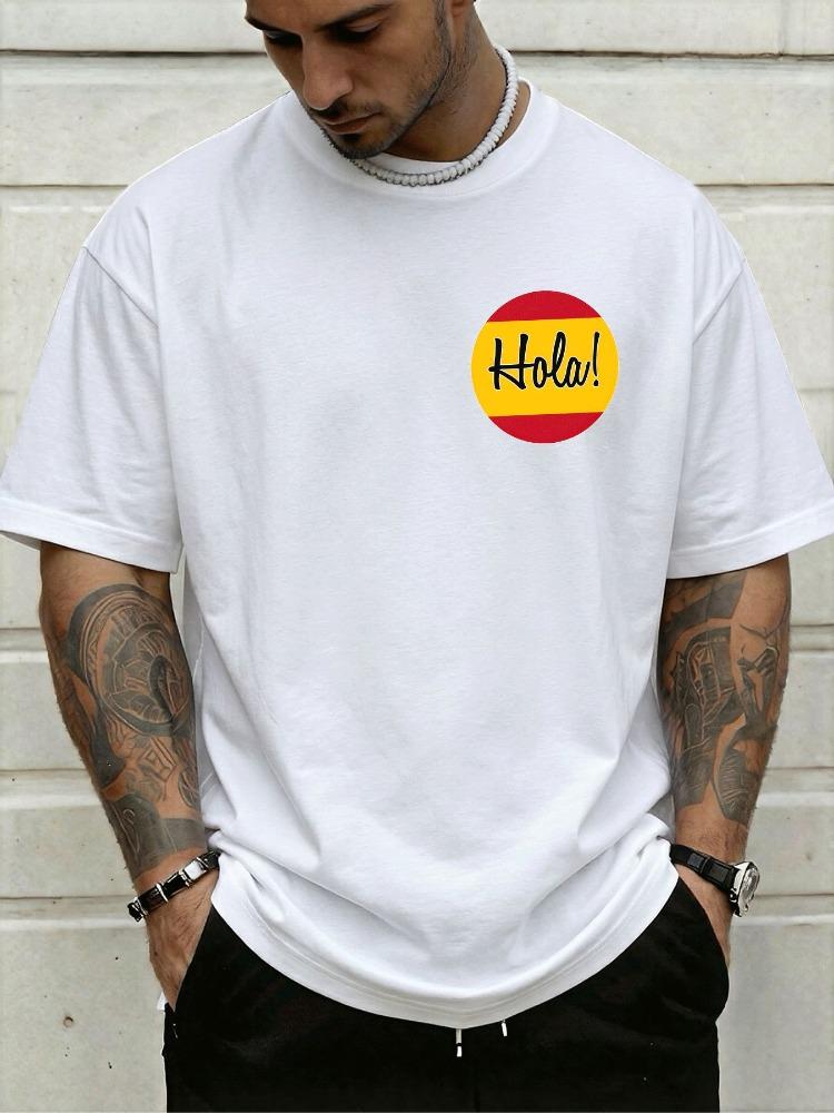 Hola Text On Spain Flag Circular Chest Small Print Unisexs Crew Neck Short Sleeve Tee Casual Daily Soft Breathable Basic Wear Top