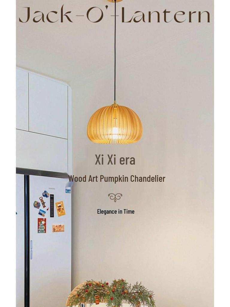 Stairwell Retro Japanese Solid Wood Pumpkin Pendant Light for Bedroom or Study