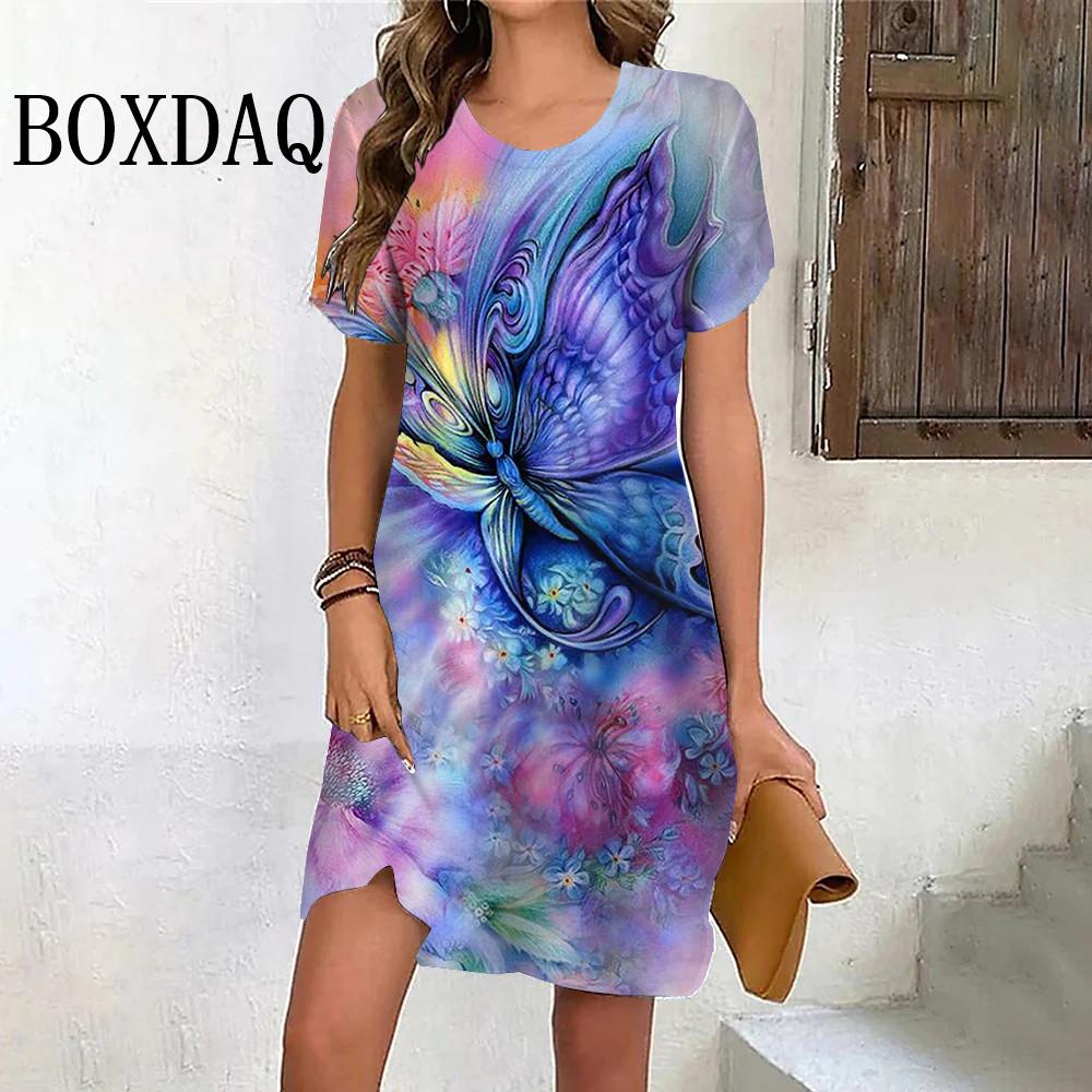 Tie Dye Gradient Butterfly Dresses For Women Summer Fashion Street Casual Short Sleeve Dress 3D Print Dress