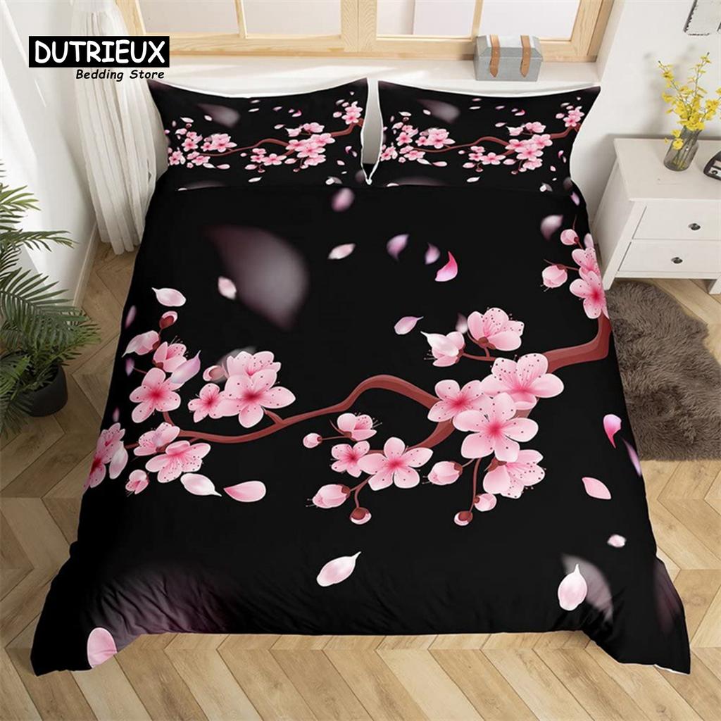 Cherry Blossoms Duvet Cover Set Japanese Floral Bedding Set Microfiber Romantic Theme Quilt Cover Twin King For Valentine's Day