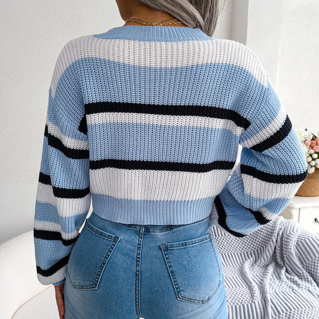 Women's Winter Top Style Casual Striped Long Sleeve Crop Knit Sweater