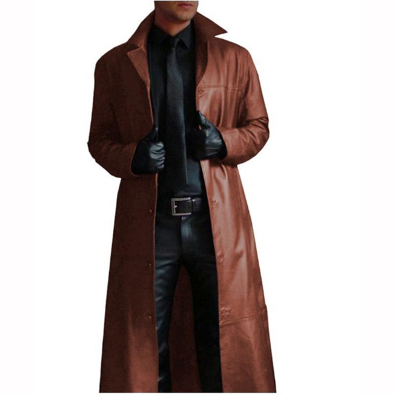 Streetwear Men Trench Fashion Long Windbreaker Coat Slim Fit PU Windproof Jacket Steampunk Outwear Oversized