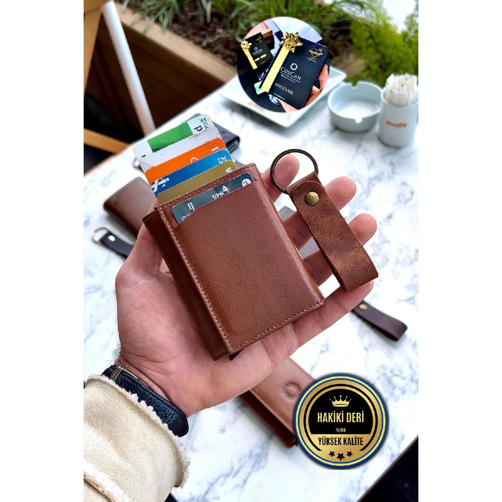 Унисекс черный кошелек из натуральной кожи с механизмом - (Специально для имени) - (Подарок на брелок из натуральной кожи)