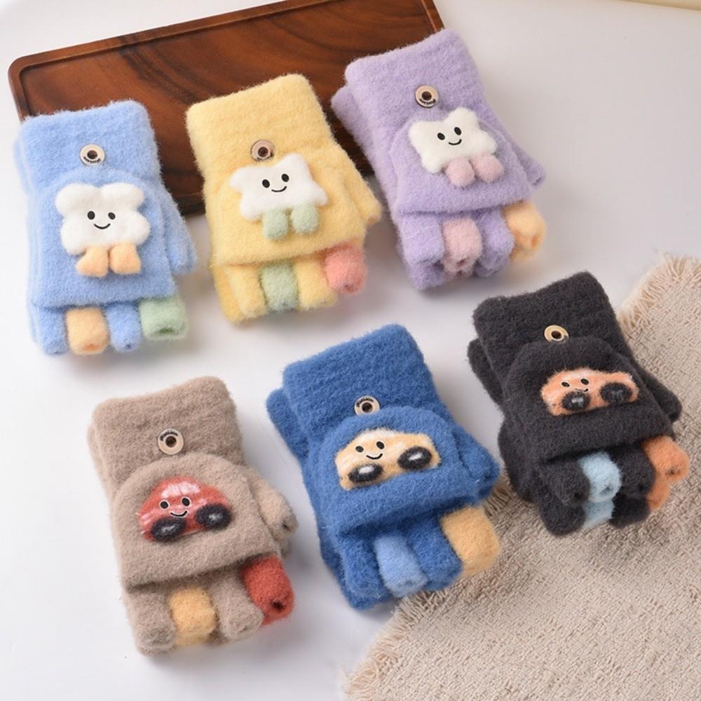 Windproof Half Finger Flip Gloves Warm Toddler Warm Gloves Cute Children Cartoon Gloves Baby