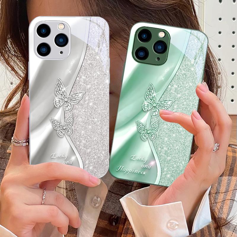 Золотая Бабочка Для IPhone 16 Pro Max 15 Pro 14 13 12 Mini 11 XS Max XR 7 8 Plus SE 2022 Закаленное Стекло Чехол для Телефона