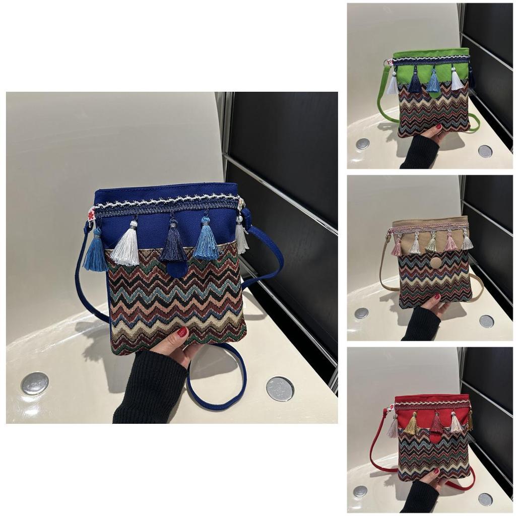 Ethnic Style Canvas Small Shoulder Bag With Wave Patterns And Decorative Tassels For Daily Use