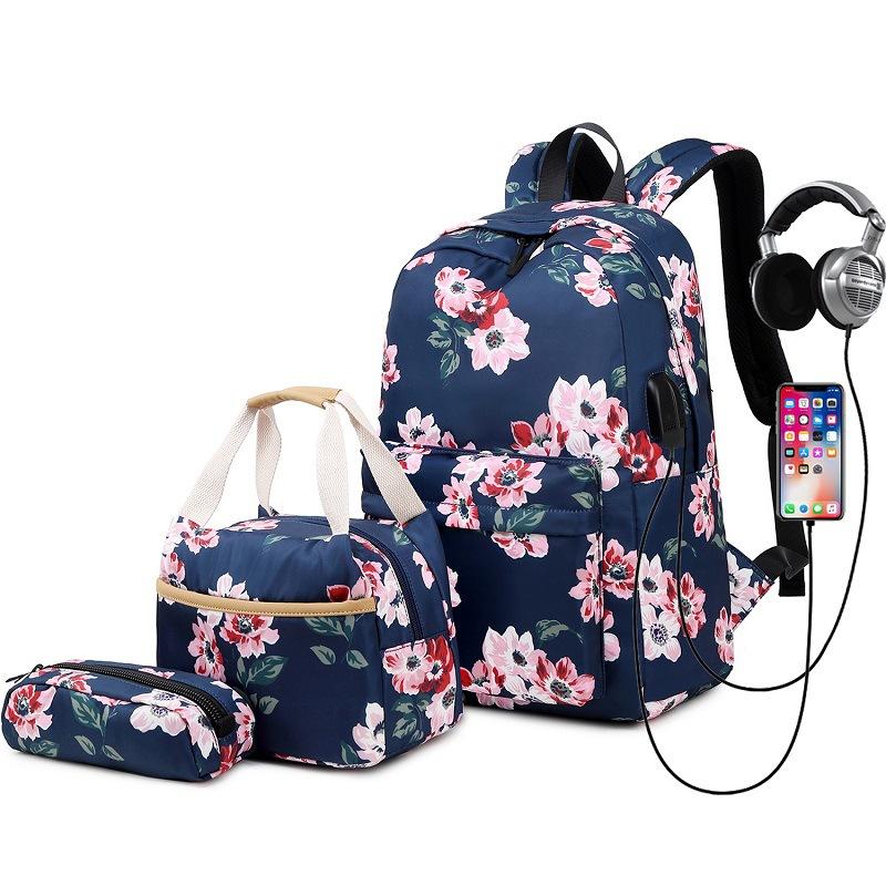 Teens School Backpack Set Girls Women School Bags Lightweight Waterproof Nylon Travel Floral Kids Bookbags Casual Daypack