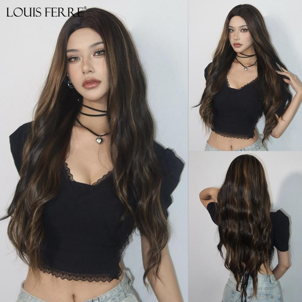 LOUIS FERRE Длинные коричневые розовые волнистые синтетические парики с омбре для женщин, натуральные волнистые вьющиеся волосы со средним пробором, косплей, повседневные волокна, парики