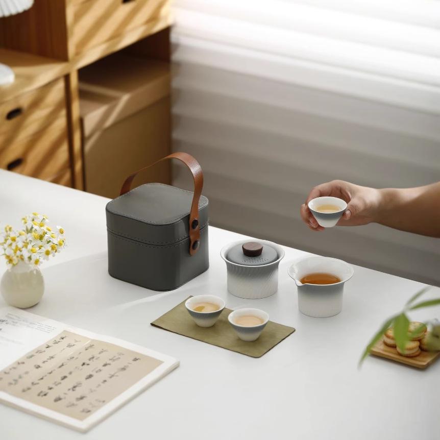 Outdoor Portable Ceramic Tea Set: One Pot, Three Cups, Gradient Grey Glaze for Travel and Business Trips