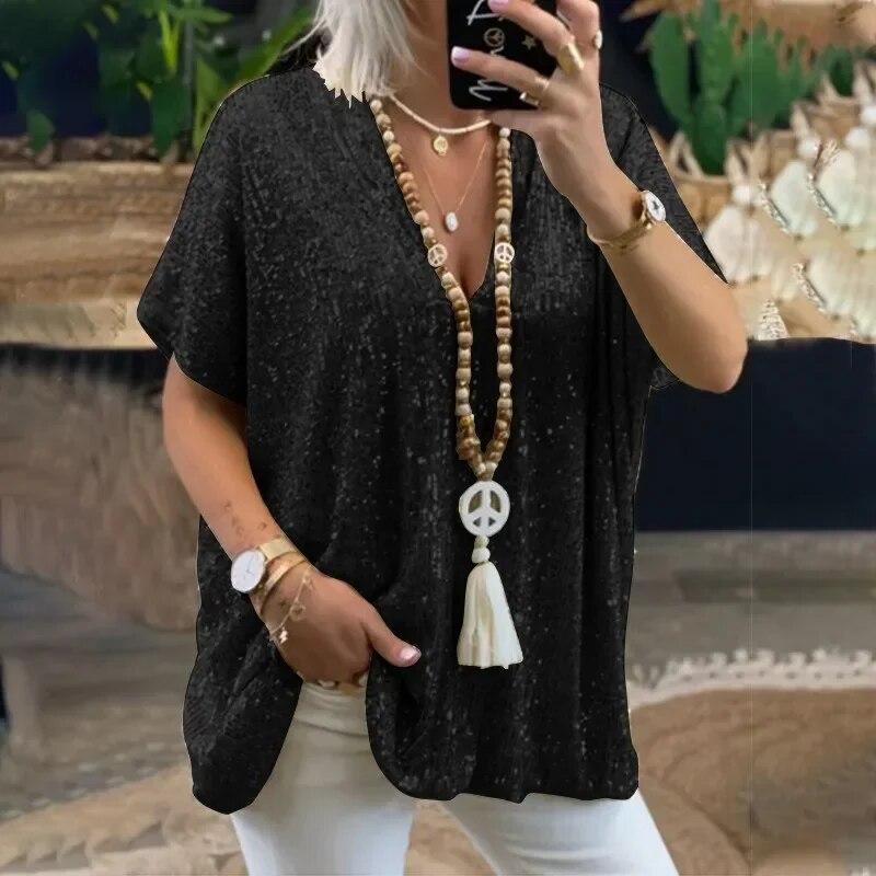 Fashion Sequins V-neck Women Blouse Solid Color Mid Length Shirt Summer Short Sleeve Blouse Women Tops Casual Loose Clothes 30468