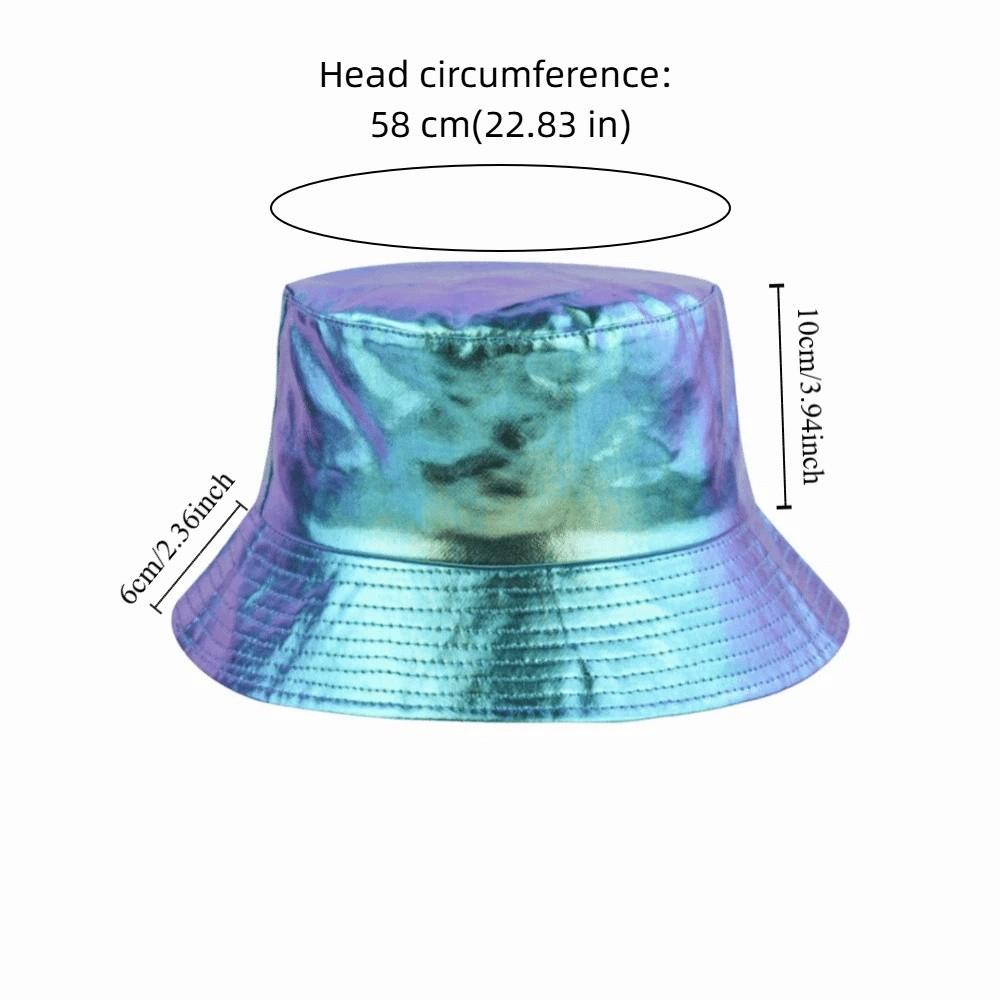 Leather Luminous Bucket Hat Wide Brim Single Sided Laser Rainbow Fisherman Hat Solid Color Silver Shiny Sun Cap Hip Hop Street