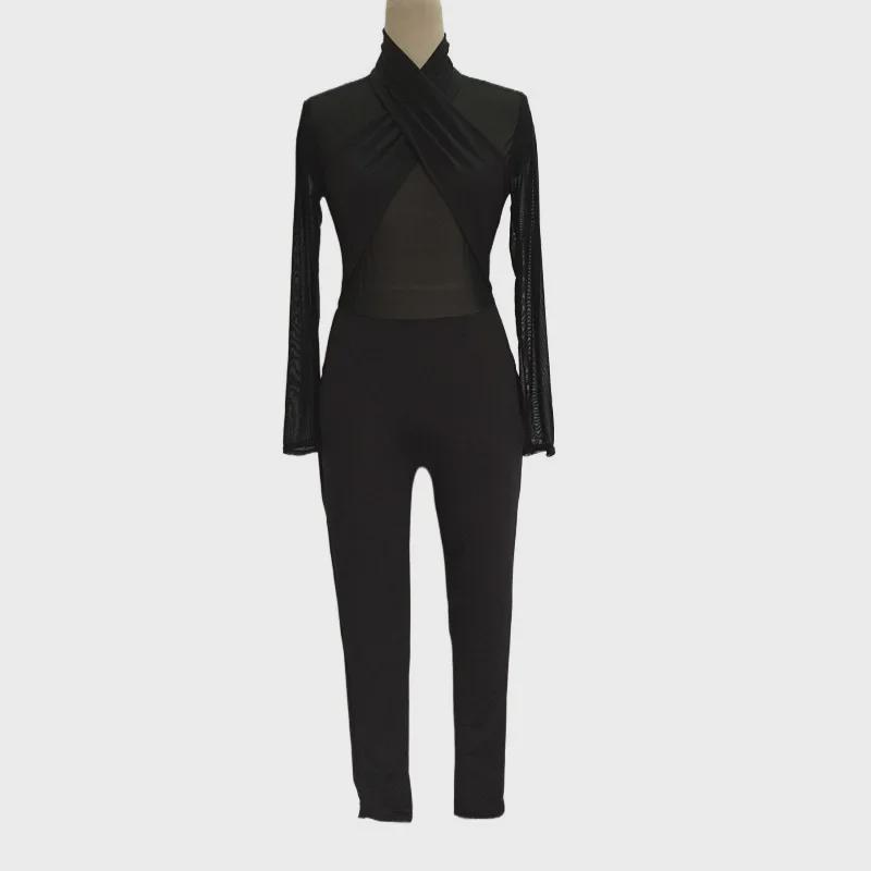 N259 Европейская мода Длинный рукав Круглый вырез Сетчатое платье