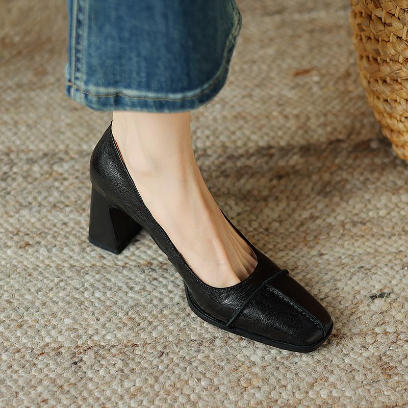 Мода 2024 Базовые женские туфли-лодочки Весна Лето Толстый высокий каблук Натуральная кожа Квадратный носок Зрелая офисная леди Рабочая обувь Женские туфли-лодочки