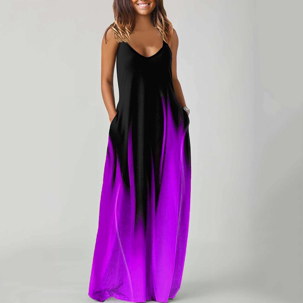 Women Pocket Print Dress Beach Parties Vest Party Sleeveless Super Long Dress