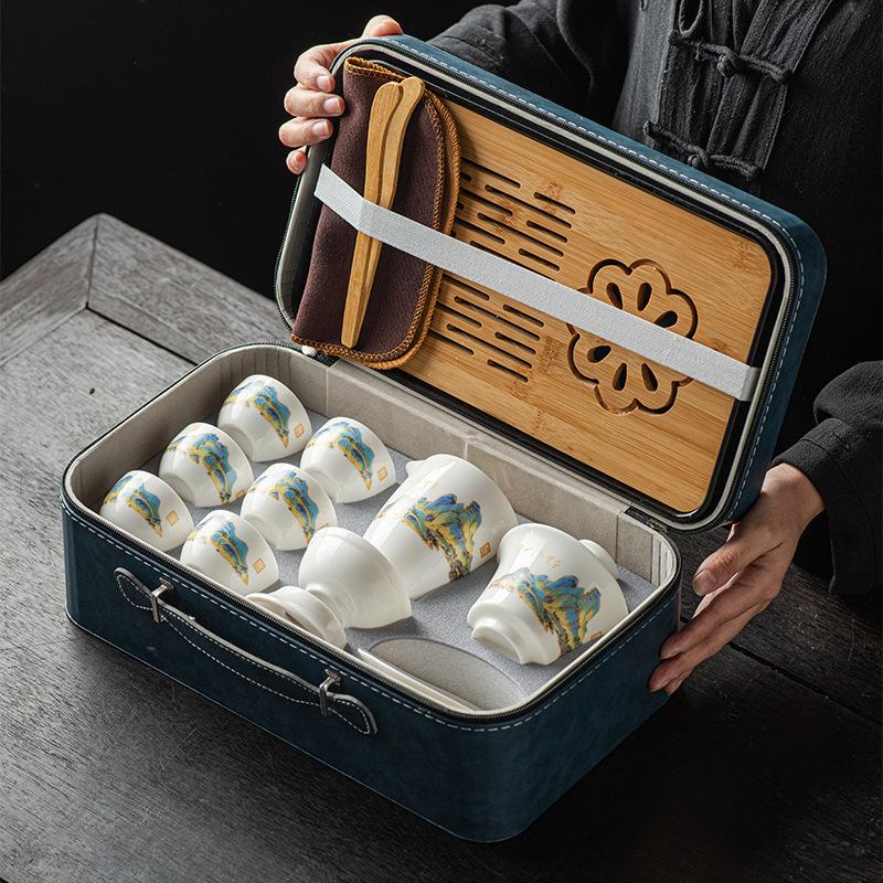 Suet jade white porcelain tea set full set kung fu tea set Gaiwan teacup travel tea set