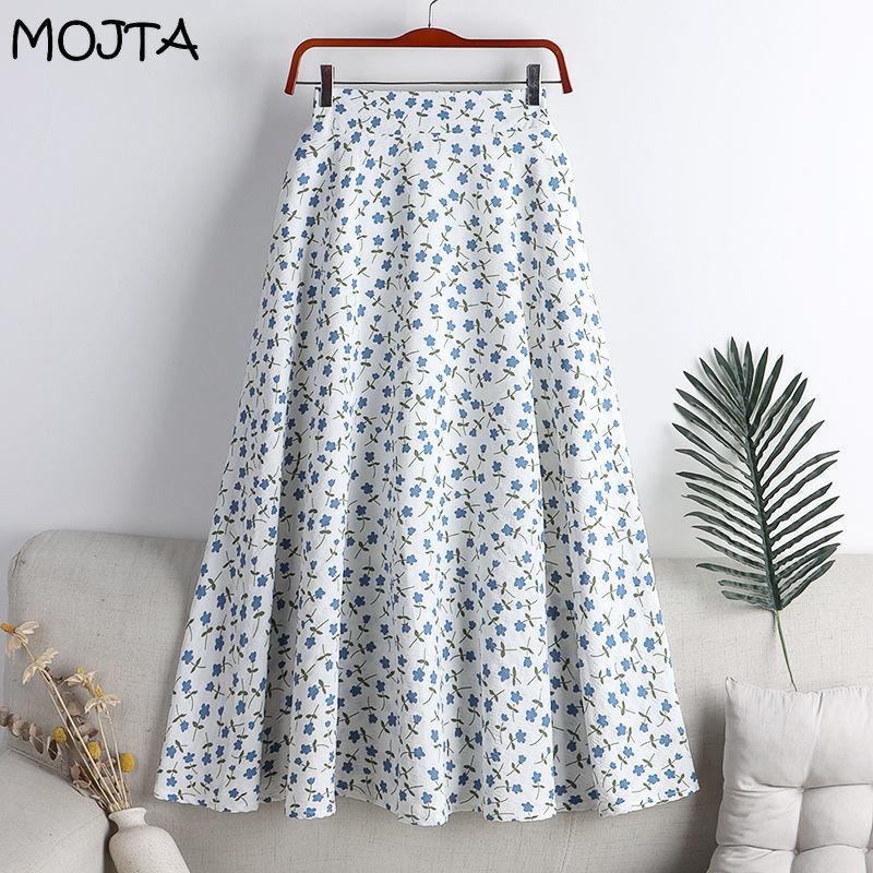 MOJTA Women's Mid-length Skirt Spring Summer Printing Elastic Printing High Waist Skirt A-line Long Skirt