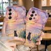 Phone Case: 2D Flat Samsung Galaxy A34 A35 M05 M06 S20 S22 S21 FE Plus 5G Protective Case, Sunset Black Cat, Christmas and Halloween Gifts
