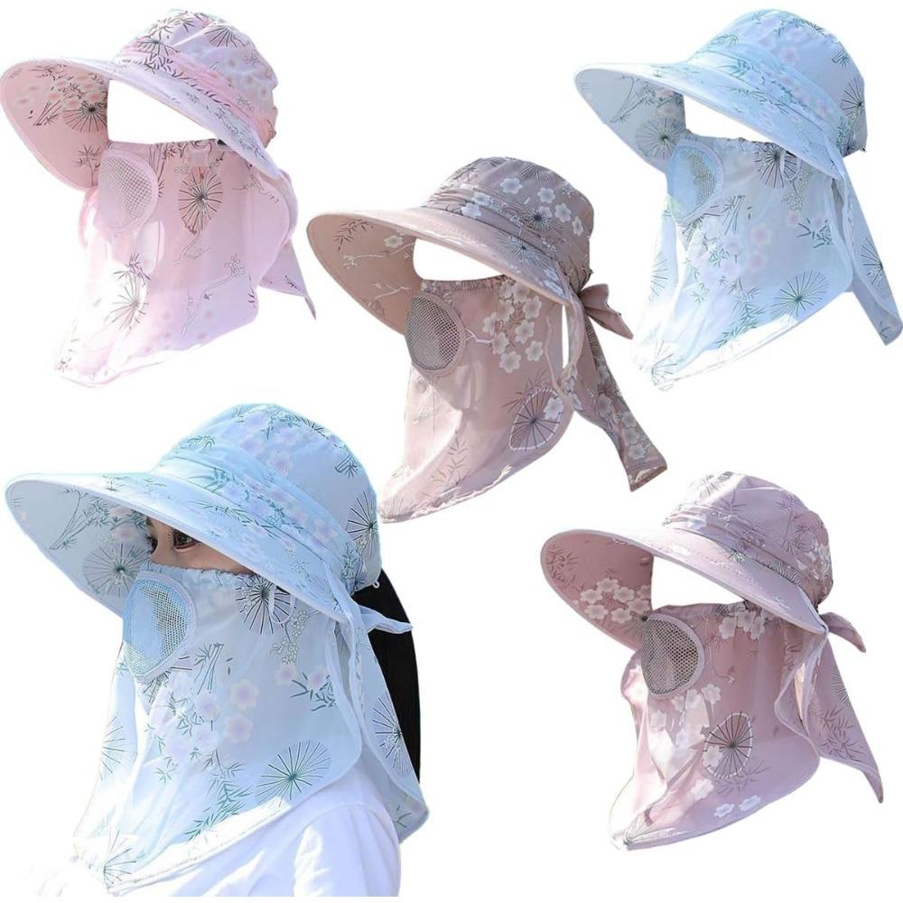4 PCS Ladies Outdoor Fishing Sun Hat with Wide Brim, Detachable Neck Flap, Face Mask & Ponytail Hole for Women, Random Color