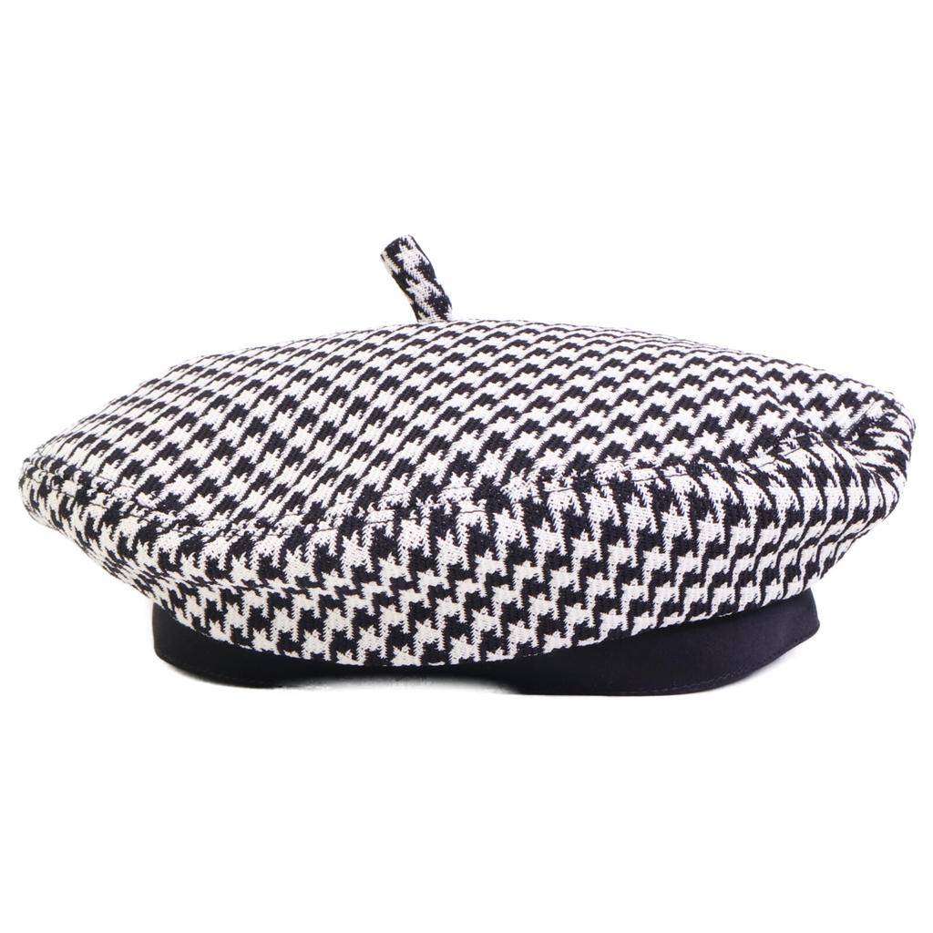 Dior [Excellent Condition/Domestically Authorized] 35DAP910I121 Wool Houndstooth Beret with Ribbon Design Hat 59 Black WhiteUsed