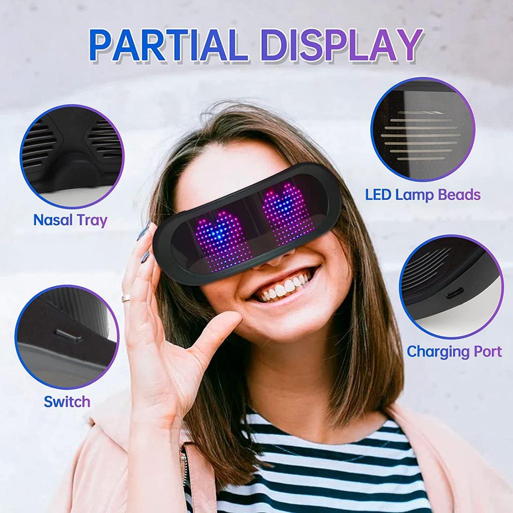 LED Smart Glasses Support APP Control, Party Bluetooth Glasses for Birthday, Bar, Flashing Display DIY Animation, USB Rechargeable Shining Glasses