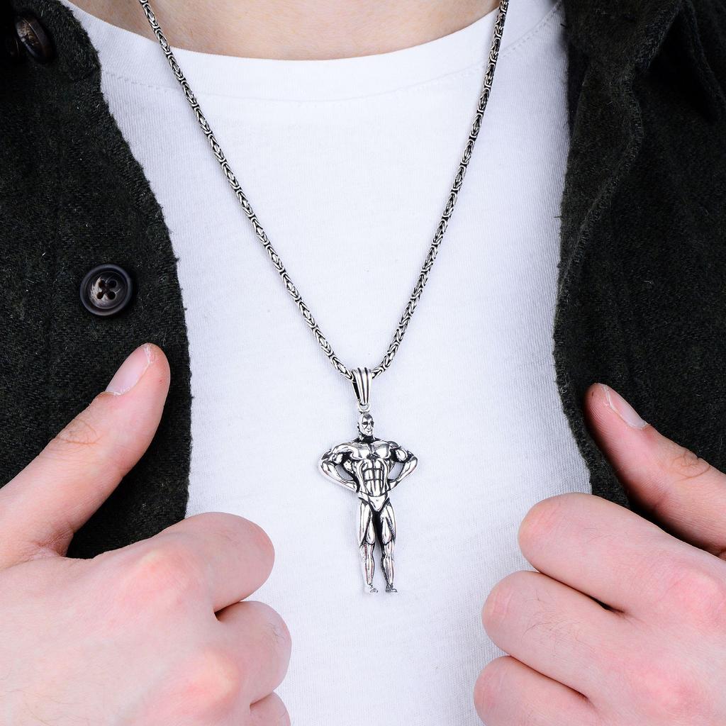 Мужское ожерелье с подвеской в ​​стиле бодибилдер из стерлингового серебра, прочная византийская цепочка, уникальные украшения для фитнеса, подарок для любителей тренажерного зала