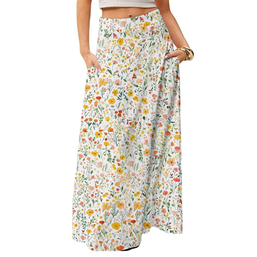 Женская повседневная складная юбка макси с цветочным принтом, высокой талией и карманом, с драпировкой
