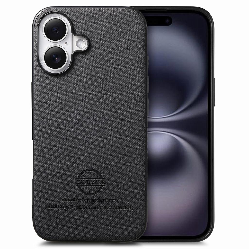 For iPhone 16 Case Cloth Texture Leather+PC+TPU Anti-Drop Phone Cover - Blue