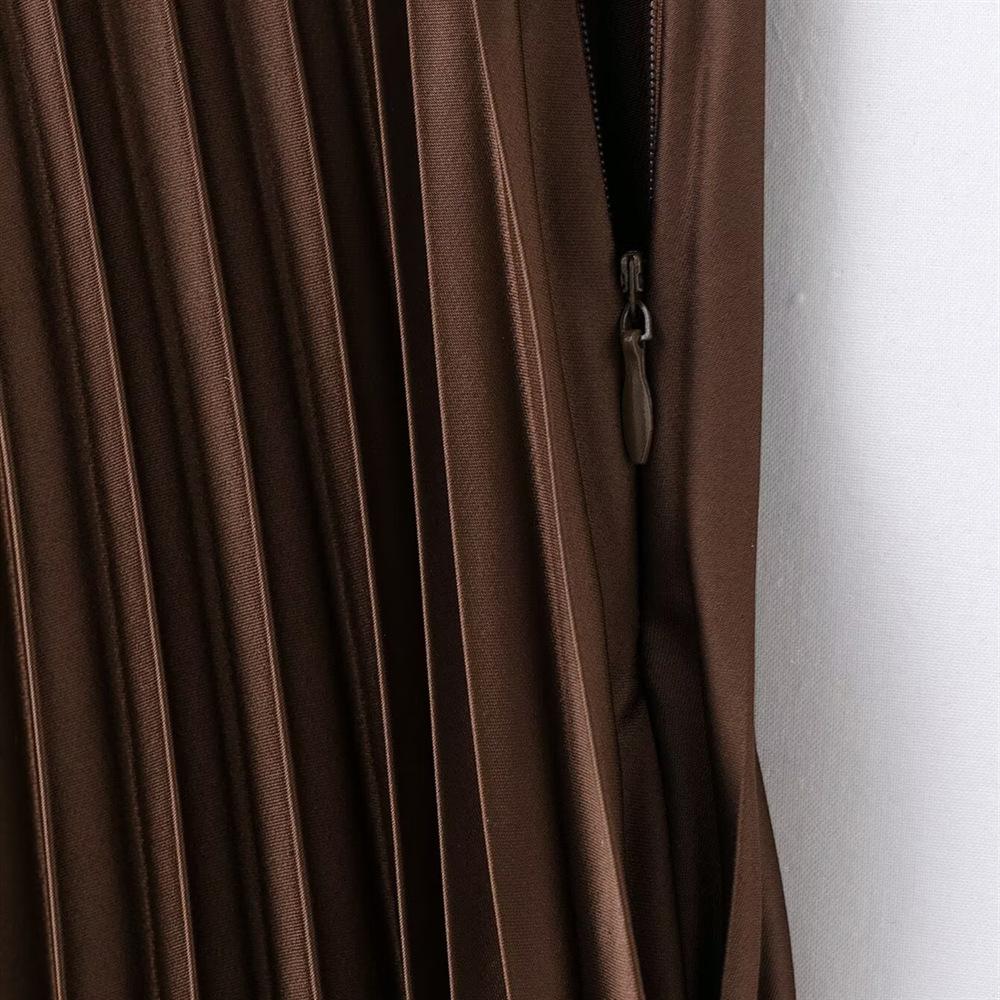 Весна 2025 Женская приталенная миди-юбка из шелкового сатина с плиссировкой и высокой посадкой