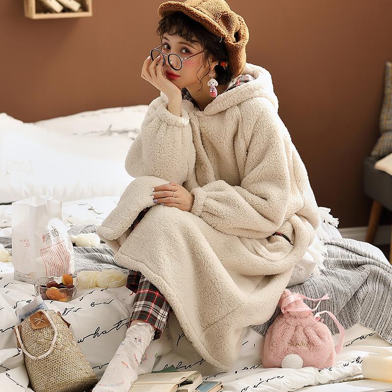 Женские пижамы, зимние бархатные теплые пижамы, длинный халат, повседневная свободная домашняя одежда, милая одежда для сна с героями мультфильмов, одежда из плотного флиса с длинными рукавами и капюшоном