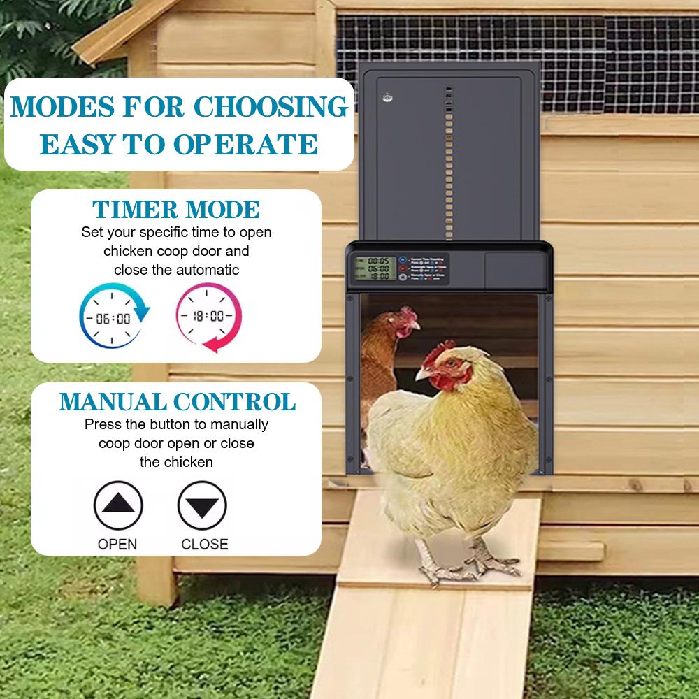 Раздвижная дверь Защитные ворота Товары для мелких домашних животных Функция защиты от защемления Контролируемое открытие Автоматическая дверь курятника ЖК-дисплей первого поколения