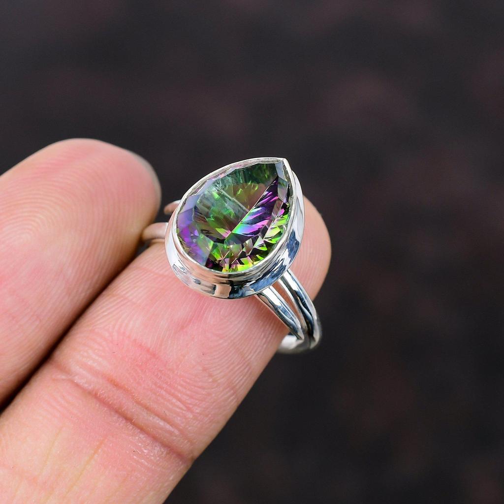 Кольцо с радужным мистическим топазом, кольцо из стерлингового серебра 925 пробы, ювелирные изделия из драгоценных камней высшего качества, регулируемое кольцо, кольцо ручной работы в стиле бохо, подарок для ее приличного кольца