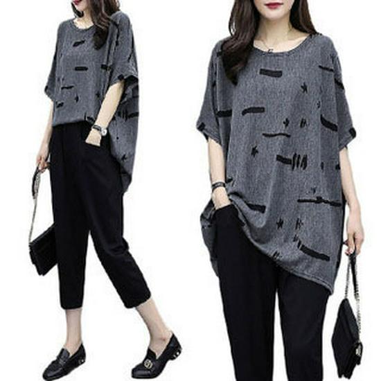 Женский модный комплект из двух вещей большого размера: Футболка с коротким рукавом и юбка для стройнящего эффекта