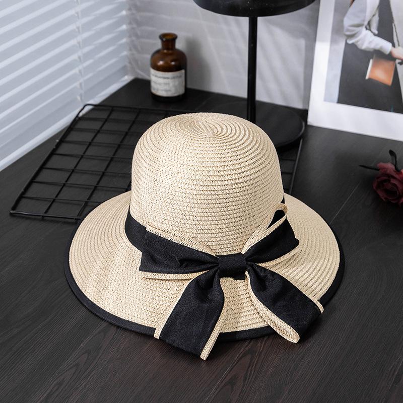 Large Bowknot Decor Bucket Hat Wide Brim French Style Straw Basin Hats Breathable Sunscreen Fisherman Cap for Women