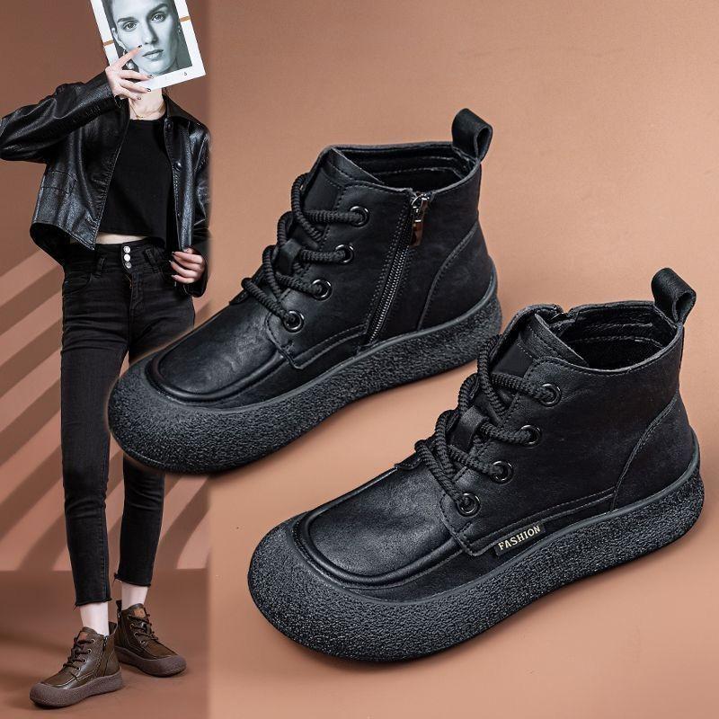 Ботинки на толстой подошве, Женская обувь, Флисовые ботинки, Новые ботильоны на платформе, Ретро ботинки