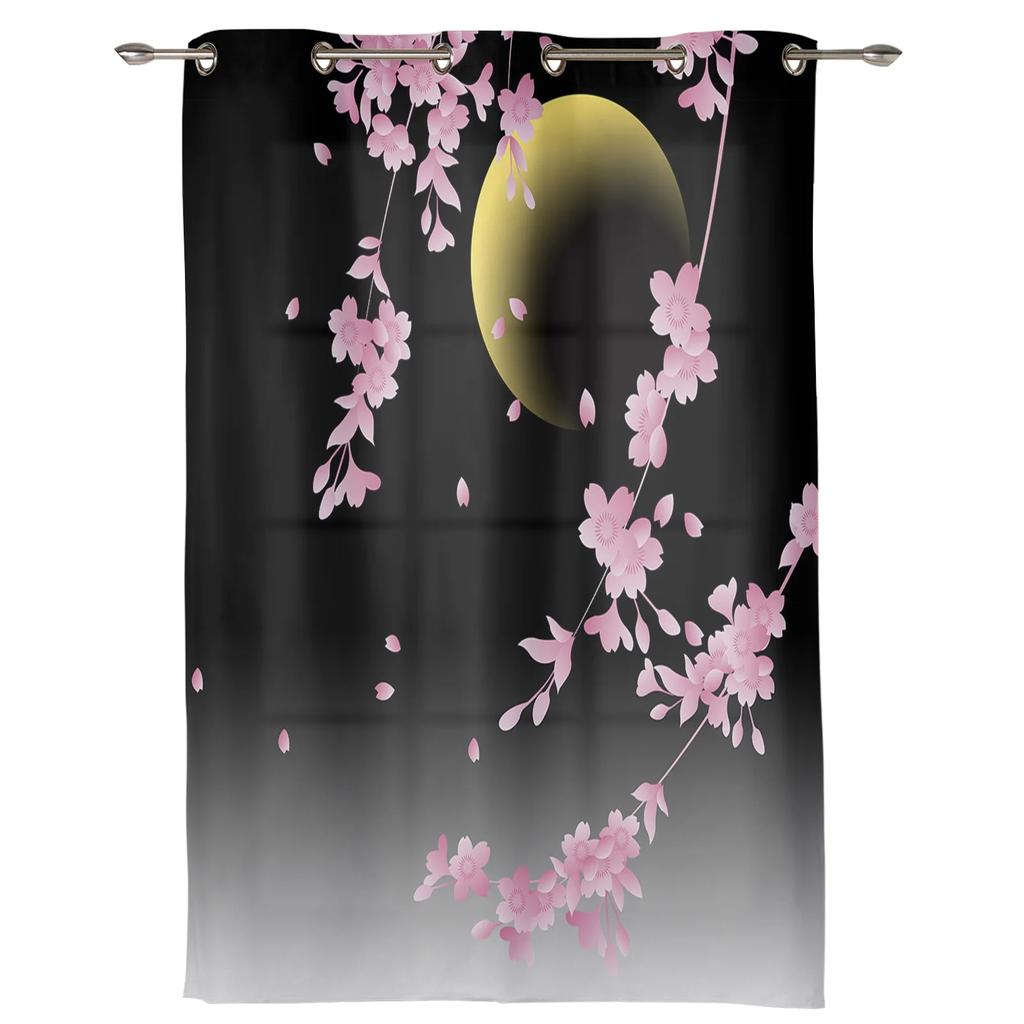 2pcs Japanese Cherry Blossom Moon Minimalist Curtains for Living Room Bedroom Modern Window Decor