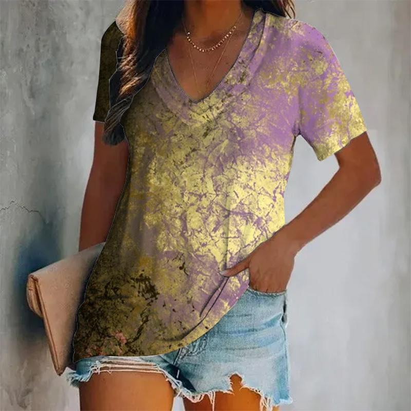 Женская новая футболка с короткими рукавами и V-образным вырезом, цветной принт, короткий рукав, свободный женский топ, дышащая футболка в стиле Y2K