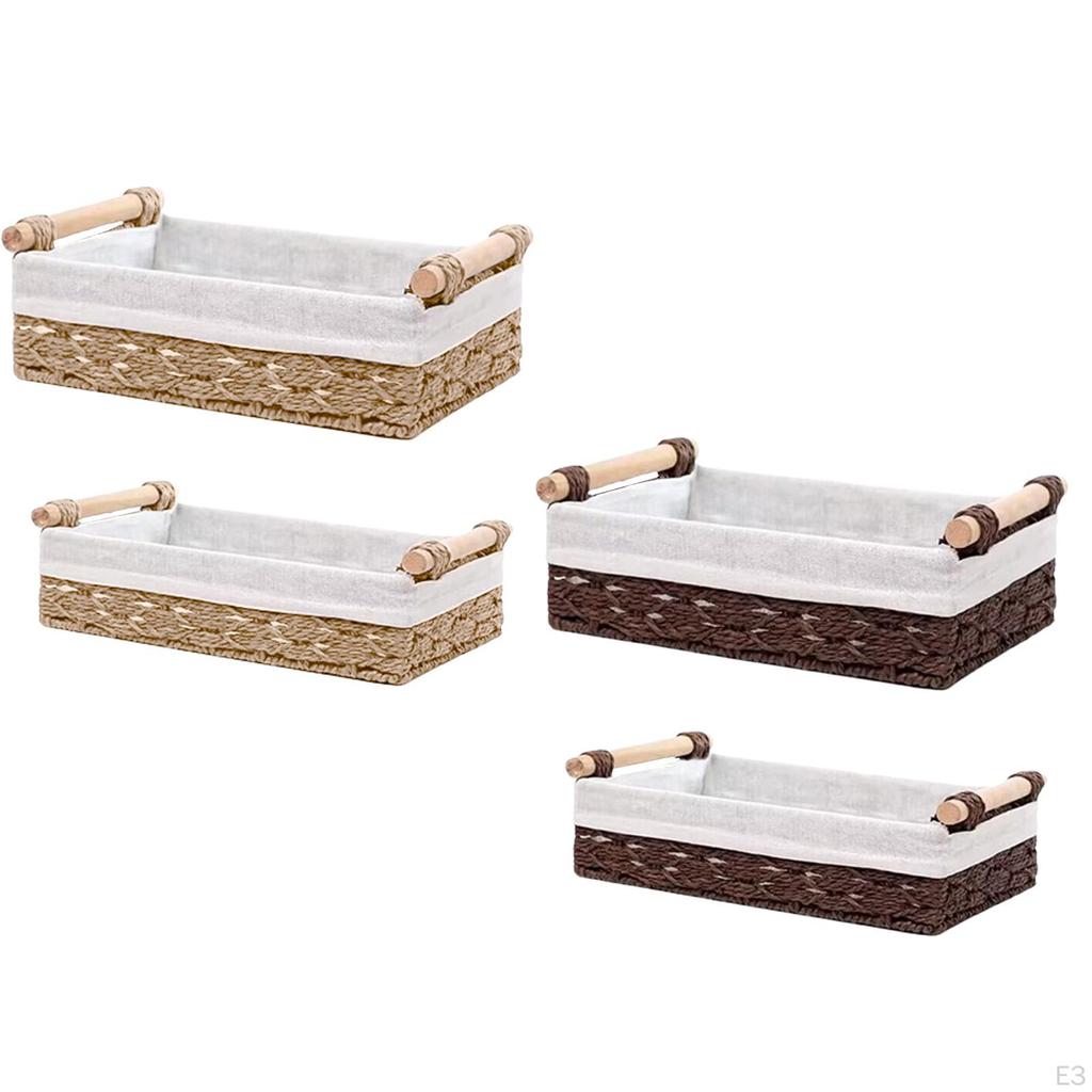 2 Pieces Woven Baskets Hand-Woven Paper Rope Storage Bathroom with Handle Rectangular