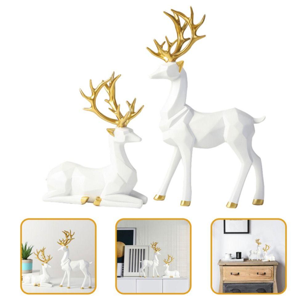 2Pcs Modern Resin Reindeer Sculpture Sitting/Standing Position Elk Figurine Table Decor