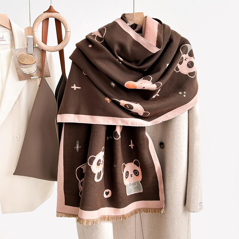 Winter New Cute Panda Scarf Double Sided Imitation Cashmere Shawl Versatile Fashion Thickened Warm Scarf