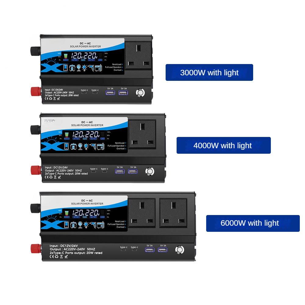 3000 Вт/4000 Вт/6000 Вт Портативный автомобильный инвертор со светодиодным дисплеем Высокомощный преобразователь напряжения Бытовой зарядный преобразователь со светом