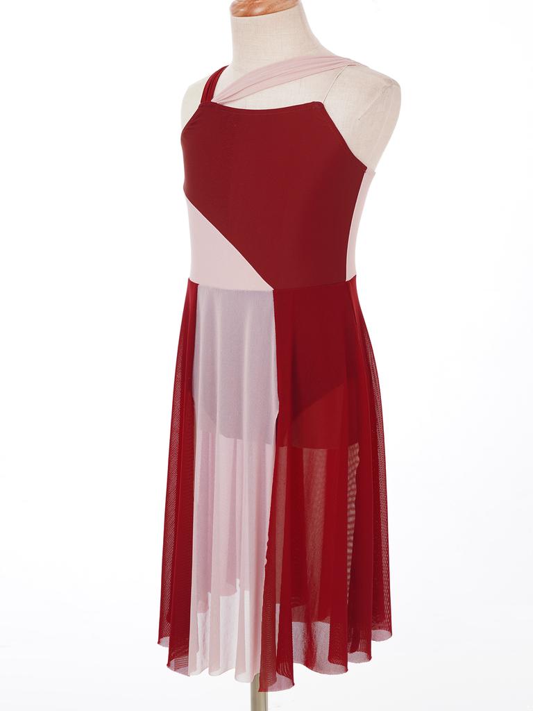 Детские шифоновые лирические танцевальные костюмы без рукавов для девочек, платье-купальник с цветными блоками, современные платья