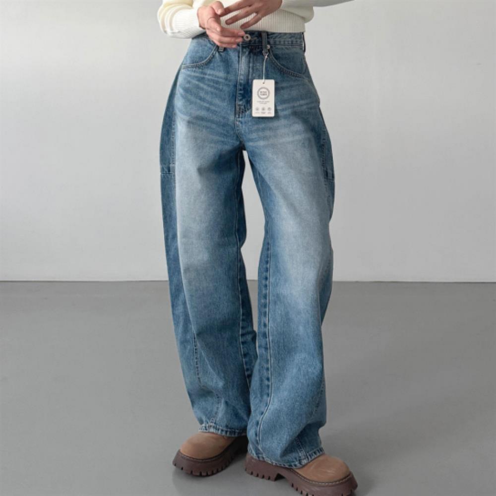 New Arrivals Open Run Women Curve Volume Cut Baggy Style Cat Washing Autumn Jean