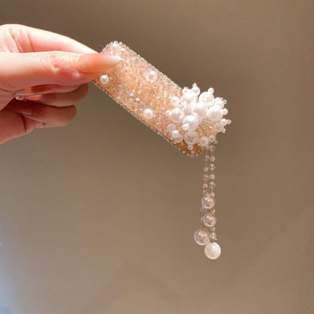 Flower Pearl Tassel Barrettes Elegant Chinese Style Side Clip Bling Crystal Hairpins  Party