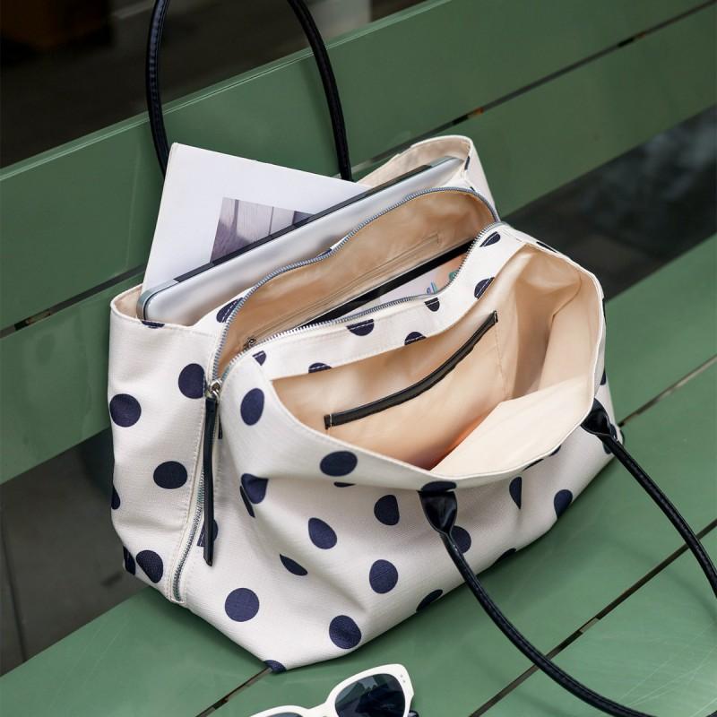 Large Capacity Canvas Tote Bag Women Casual Oversized Shoulder Handbag With Polka Dots Zipper Inner Phone Pocket