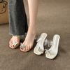 Transparent High Heels Women's Summer New Bow Toe Crystal Heel Square Head Thick Heel Outer Wear Cool Slippers