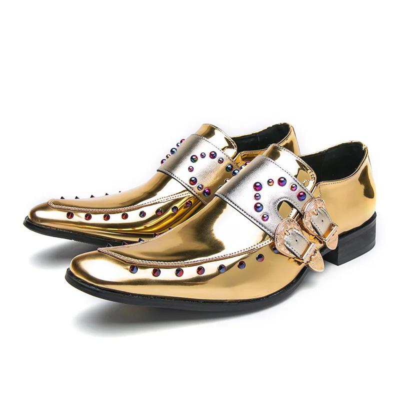 Brand Fashion Golden Glitter Leather Rhinestone Men Chelsea Shoes Size 46 Pointed Luxury Designer Shoes Men Couples Dress Shoes