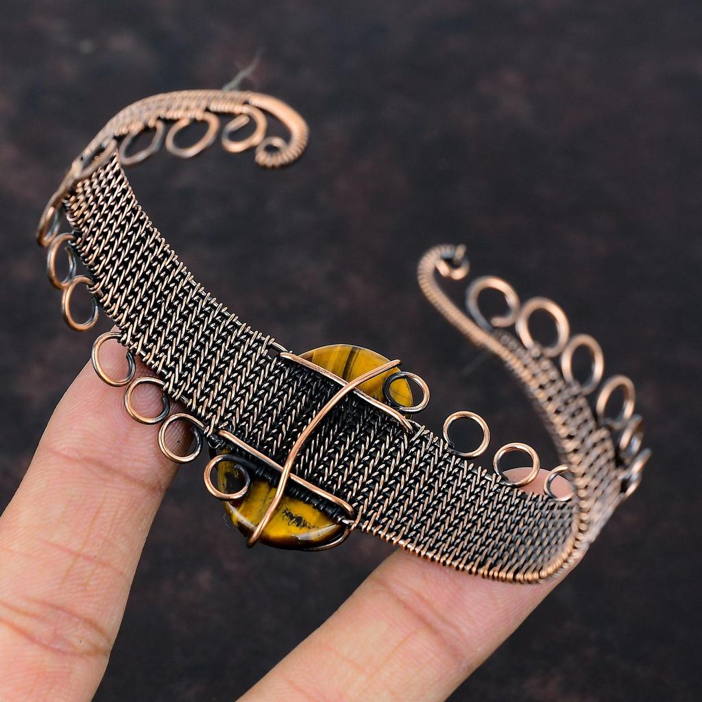Браслет-манжета с драгоценным камнем тигровый глаз, регулируемый браслет-манжета с медной проволокой, уникальный браслет ручной работы, подарок для нее, ювелирные изделия с медной проволокой
